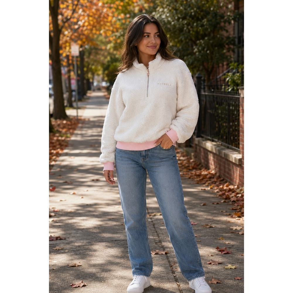 YoungLA Womens Sherpa Fleece Quarter Zip Pullover Cream Pink Small